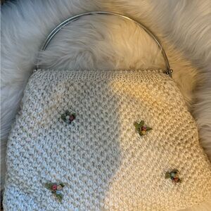 1970s Cream Knit Bag with Floral Details and metal handles